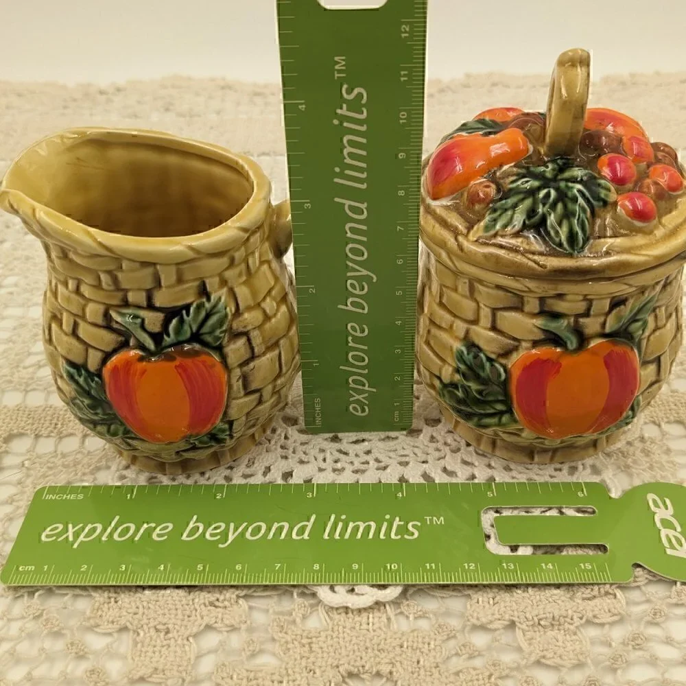 Vintage Lefton Japan Fiesta Basket Weave with Fruit Ceramic Cream and Sugar Set